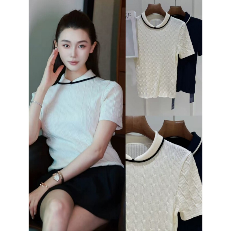 Elegant and High-End Cashmere Boutique 2026 Early Autumn New Fashion Wool Color-Blocked Trim Lapel Cable Knit Short-Sleeve Women's Top