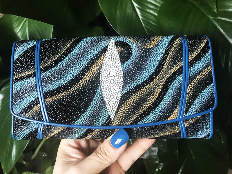Thai pearl fish skin tri-fold long wallet big bill clip suit bag black blue fashion water wave texture clearance