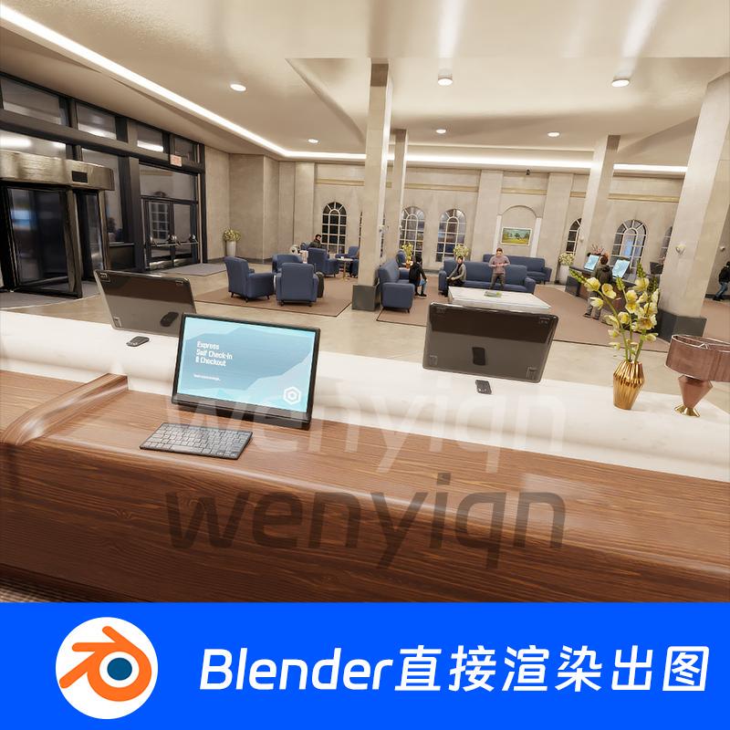 Hotel Lobby Front Desk, Shopping Mall Reception, Waiting Area, Cashier Counter, Blender Scene Model 1523