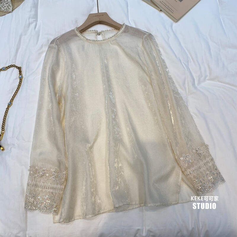 New Chinese-Style Tencel Embroidered Shirt for Women, Early Autumn 2026 New Model, Beaded Sequin Lace Shirt, Beaded Base Top New Chinese-Style Tencel Embroidered Shirt for Women, Early Autumn 2026 New Model, Beaded Sequin Lace Shirt, Beaded Base Top