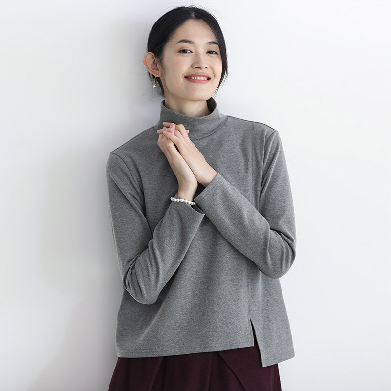 Terayama also chord ladies bottoming shirt Joker asymmetric cotton knit high collar plus velvet long sleeve top