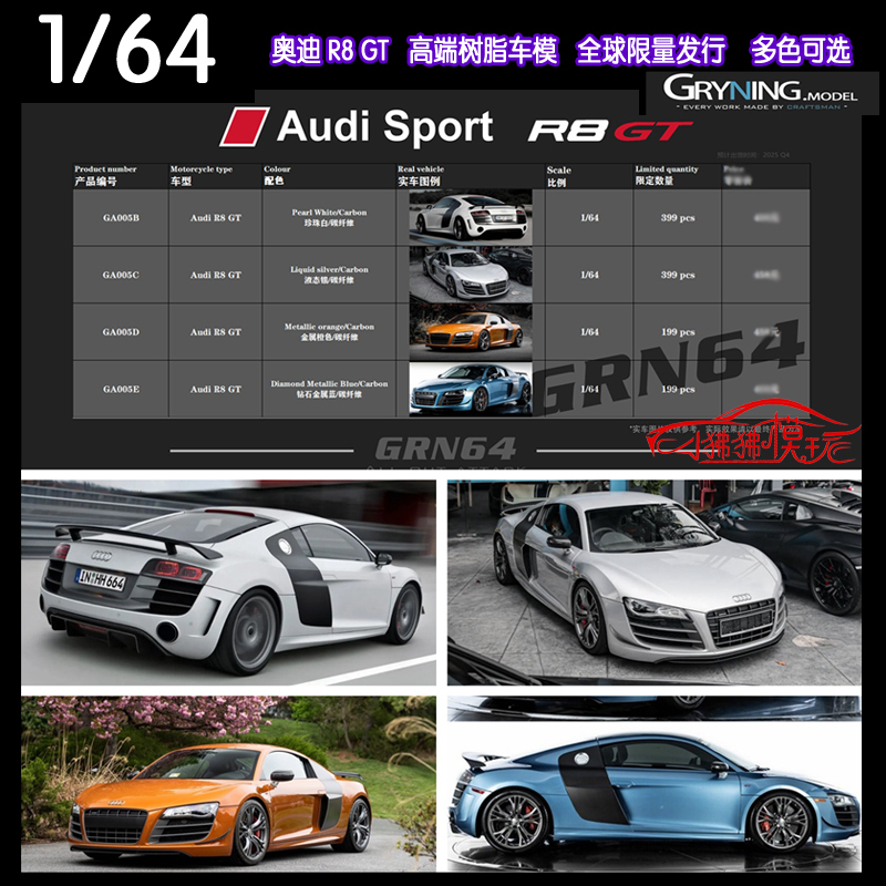 In-Stock Grn Gryning Alps 1:64 Audi R8 Gt Sport Supercar Collectible Resin Car Model