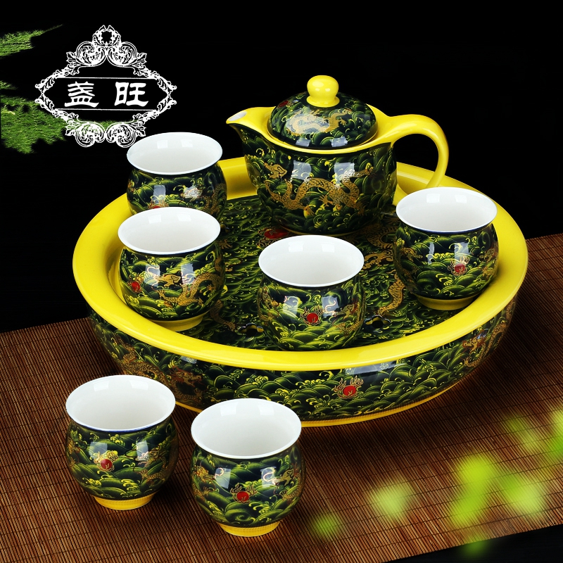 Wave dragon double-layer insulation ceramic set of kung fu tea sets home large teapot teacest anti-hot 6 only installed