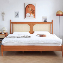 全实木床樱桃木藤编北欧1 8双人床简约复古原木1 5卧室单人床