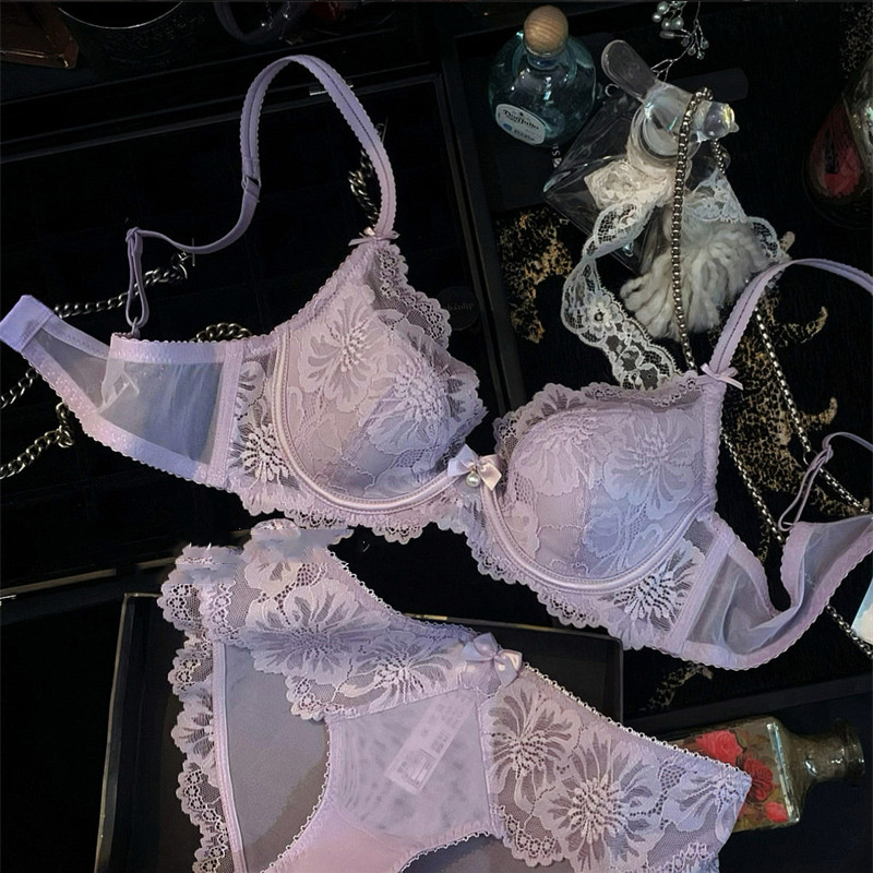 Japanese Exquisite Lace Lingerie for Women, Thin Style, Minimizes Large Bust, French-Style Sexy, Lift-Up, Anti-Sagging, Pure Desire Bra Set