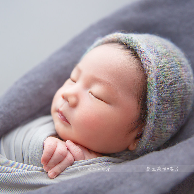 Newborn photography yellow powder purple gray mixed color wool hat bag ear shadow building full moon baby baby photo props