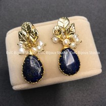 Artist Jewelry Anna Leaf Vein Lapis Lazuli Pearl Stud Earrings 628 Deposit 314