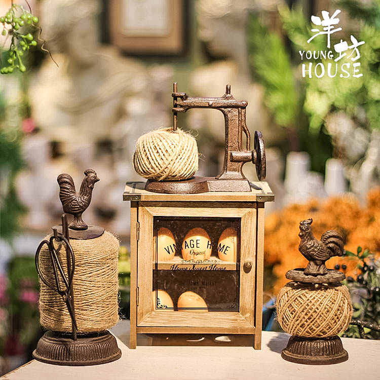 Yangfang rooster ornament spool Cast iron flower shop Simple retro hemp rope winder American Japanese grocery props