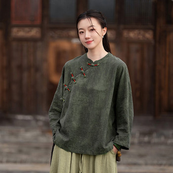 Cotton and linen new chinese style zen tea suit slanted lapel buttoned women's top