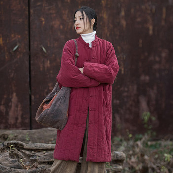 Cotton and linen quilted long coat with buckle, new chinese style cotton coat Cotton and linen quilted long coat with buckle, new chinese style cotton coat