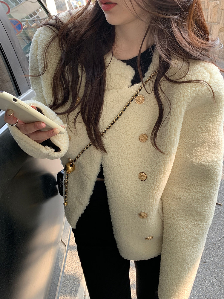 superniniyy minimalist and trendy gold buckle round collar loose long sleeve lamb wool coat female autumn-winter