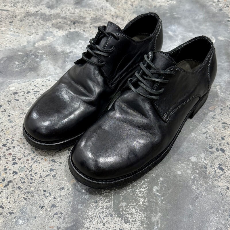 Round-Toe Dark Avant-Garde Style First-Layer Horsehide Leather Goodyear Washed and Distressed Handmade Derby Leather Shoes 992 Round-Toe Dark Avant-Garde Style First-Layer Horsehide Leather Goodyear Washed and Distressed Handmade Derby Leather Shoes 992