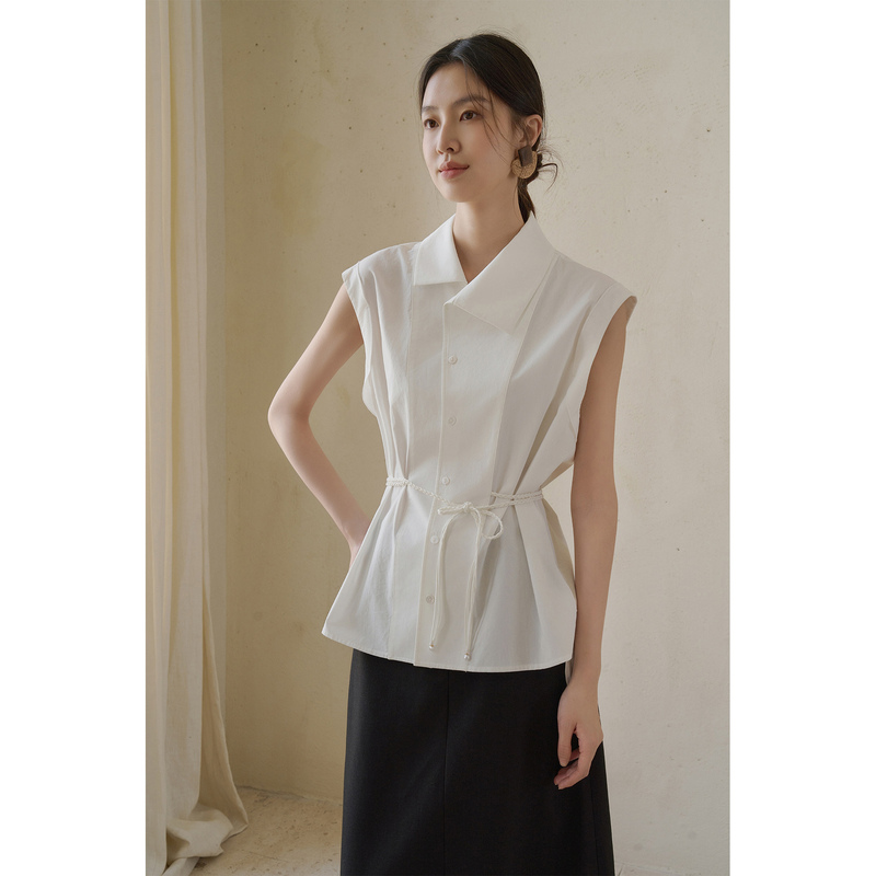 Jansan High-Thread-Count Cotton Asymmetrical Collar Design Loose-Fitting Hand-Woven Belt Waist-Cinching Sleeveless Shirt