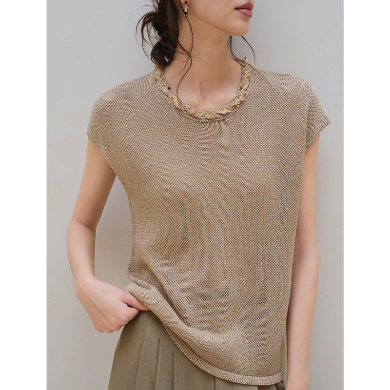 Jansan Imported Japanese Paper Yarn and Mulberry Silk Blend Beaded Neckline Raglan Short-Sleeve Knit T-Shirt for Women