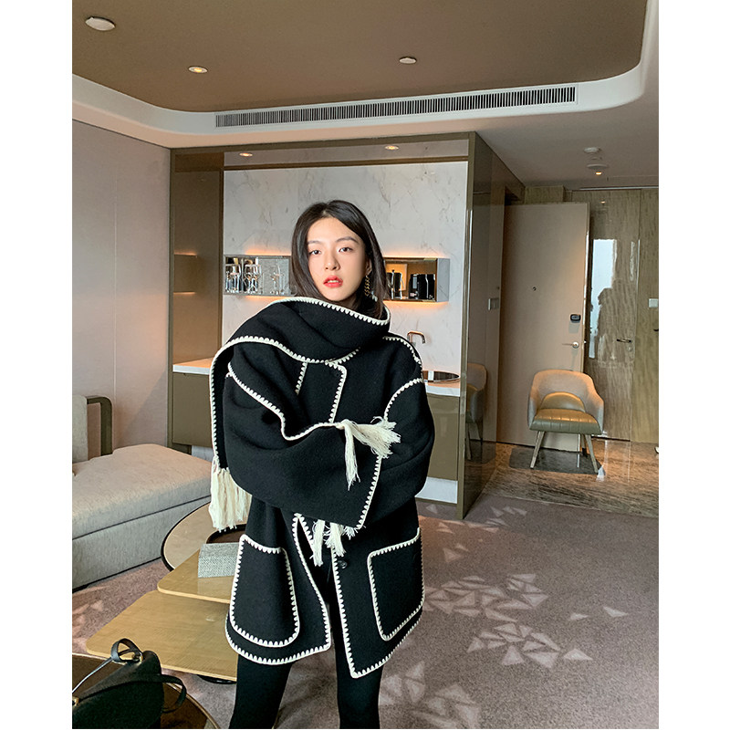 ADA MISS autumn and winter new first-cut full wool embroidery double-sided woolen coat coat scarf detachable female