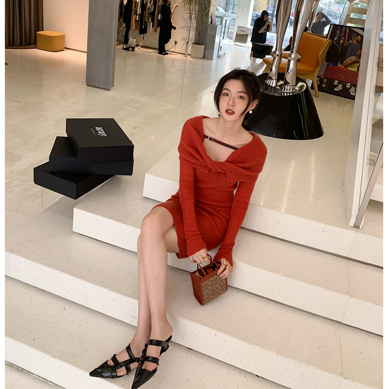 ADA MISS autumn new pure desire style collar wool slim sexy slim knitted dress short skirt female red