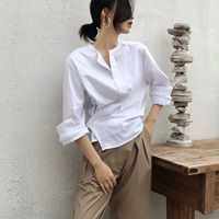 ADA MISS áo thun cotton dài tay nữ mùa thu 2018 mới cổ tròn Han Fan eo đứng cổ áo sơ mi trắng các kiểu áo công sở de thương