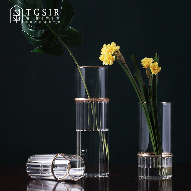 Light extravagant vertical edge glass vase Nordic Living room Creative straight drum cylindrical transparent hydropony flower arrangement small swing piece decorations