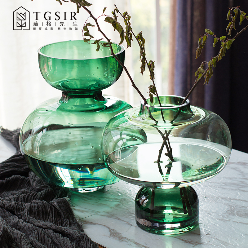 Modern minimalist green transparent glass vase ornaments Nordic living room table hydroponic flower arrangement flower ornaments
