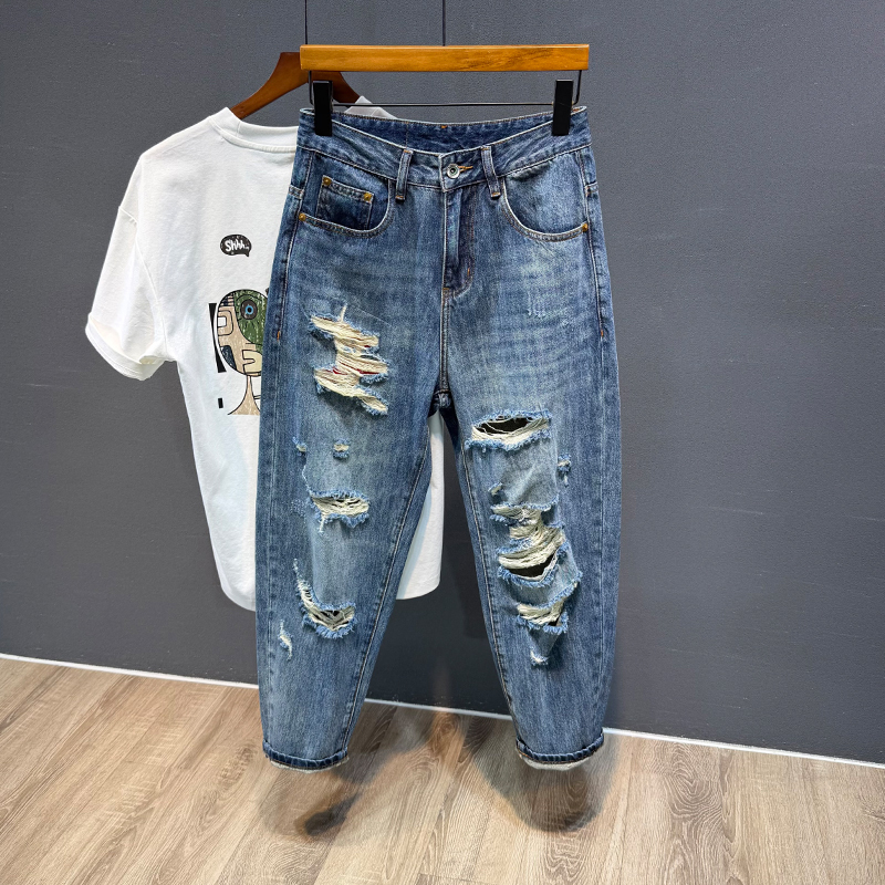 Trendy Brand Ripped Distressed High-End Loose-Fitting Cropped Jeans for Men, Korean Style Wide-Leg Pants, Same Style as Worn by Celebrity Edison Chen Trendy Brand Ripped Distressed High-End Loose-Fitting Cropped Jeans for Men, Korean Style Wide-Leg Pants, Same Style as Worn by Celebrity Edison Chen