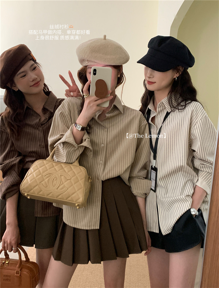 新しい秋と冬のコーデュロイのゆったりとしたニッチなスリムストライプシャツレディースアメリカンレトロ気質多用途長袖シャツ