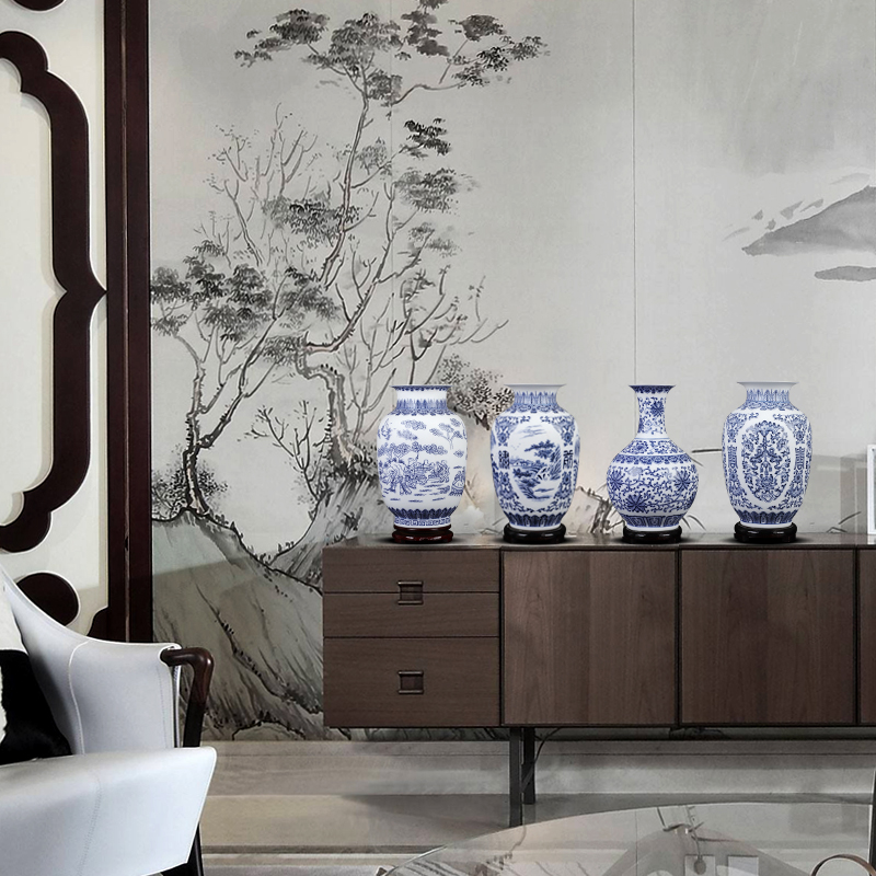 Jingdezhen ceramics vase retro scenery matte enrolled blue and white porcelain flower arranging, small dry flower vase vases furnishing articles