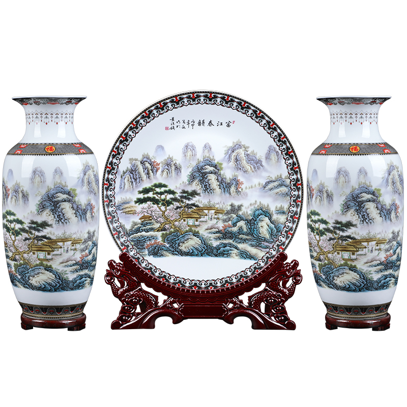 Jingdezhen chinaware big vase three - piece suit Chinese style living room TV ark place flower arranging household craft ornaments