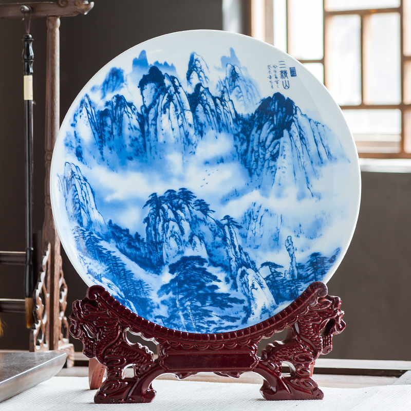 Jingdezhen ceramics furnishing articles hanging dish home decoration crafts mountain wine blue - and - white decoration plate