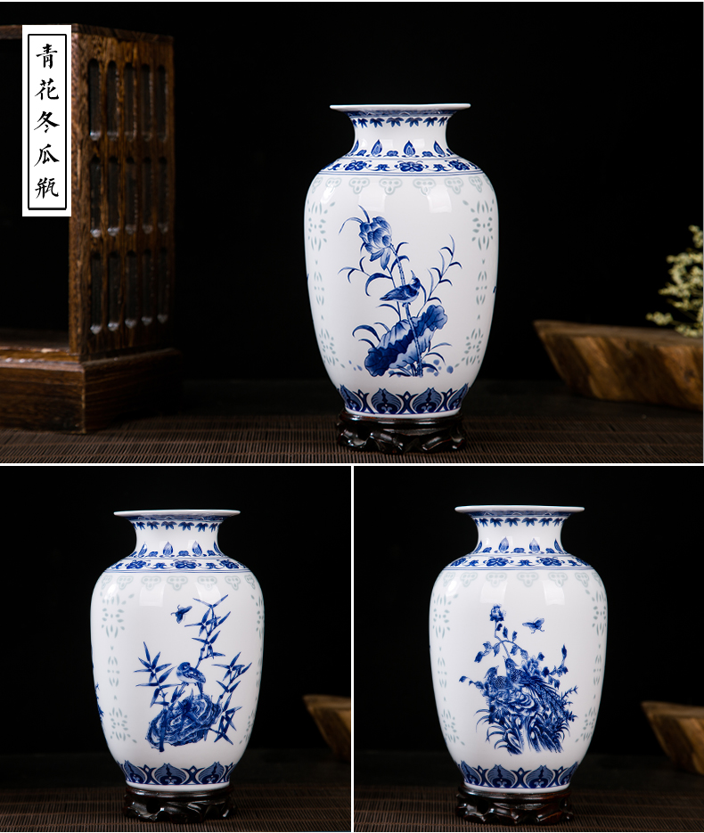 Jingdezhen ceramics and exquisite painting of flowers and blue and white porcelain vase household adornment of I and contracted wine study furnishing articles