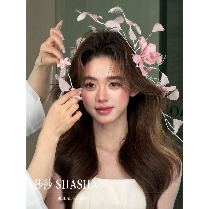 Feather Wedding Accessories 770137&770138 Pink Mist Camellia Soft Gauze Feather Bridal Wedding Dress Fairy-Like Headpiece