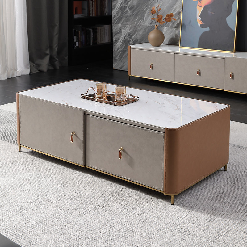 2021 new coffee table light luxury modern design minimalist small apartment living room slate saddle leather rectangular coffee table