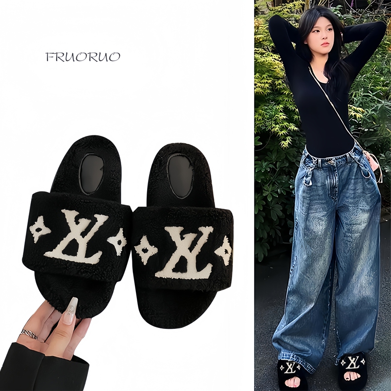 Japanese Fruoruo Zhao Lusi Style Furry Slippers, Lamb Wool Thick-Soled Outdoor Embroidered Slippers, One-Strap Cotton Slippers for Women Japanese Fruoruo Zhao Lusi Style Furry Slippers, Lamb Wool Thick-Soled Outdoor Embroidered Slippers, One-Strap Cotton Slippers for Women