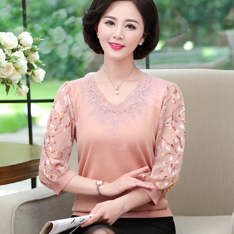 Middle-aged women's spring and summer large size bottoming shirt 40 years old and 50 mothers wear thin yarn sleeves knitted sweater fashion top