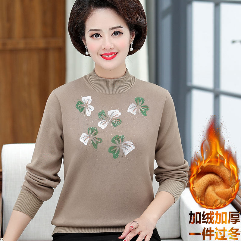 Middle-aged and elderly winter clothes undershirt garnter thickened and semi-high collar middle-aged moms dress warm sweater women's large size blouse