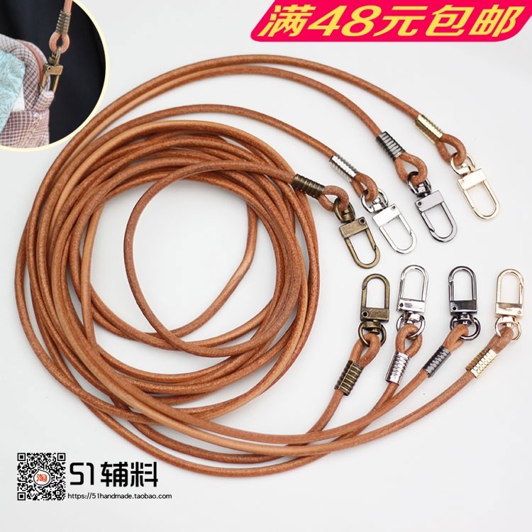 Handmade round cowhide rope bag with first layer of cowhide polished vegetable tanned small carry belt genuine leather handle DIY bag accessories