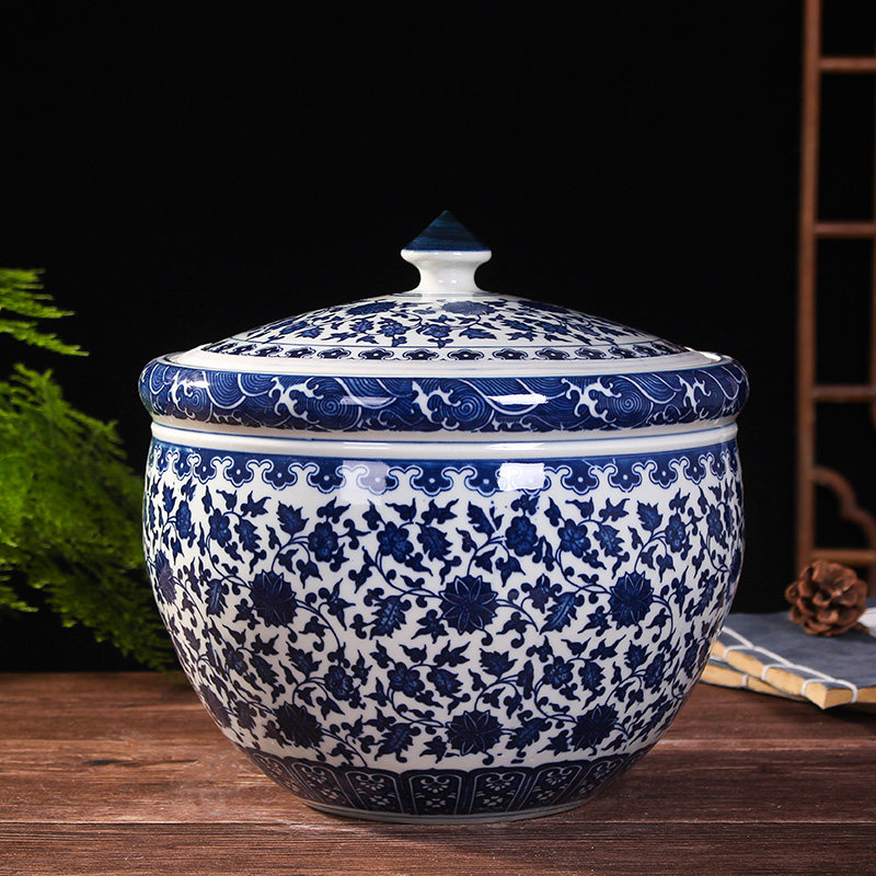 Jingdezhen ceramic rice tank kitchen rice storage box 10 catties 20 catties rice barrel sealed pickle storage tank noodle cylinder with lid