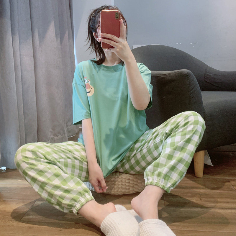 Day Ensemble Cartoon Cute Pyjamas Woman Summer Pure Cotton Short Sleeve Plaid Pants Casual Loose home Clothing Suit Extractable-Taobao