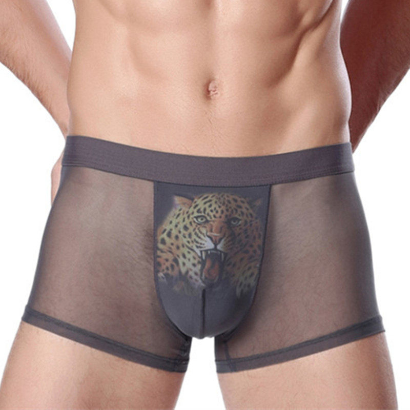 Men's mesh perspective panties panties 3D cartoon printed leopard head sexy pants pants clay pants