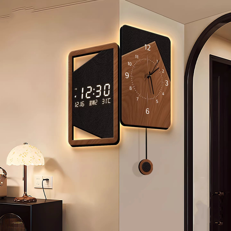 Medieval-Style Living Room Corner Wall Clock with a High-End Feel, Perpetual Calendar Electronic Clock, Wall-Mounted Luminous Double-Sided Corner Clock