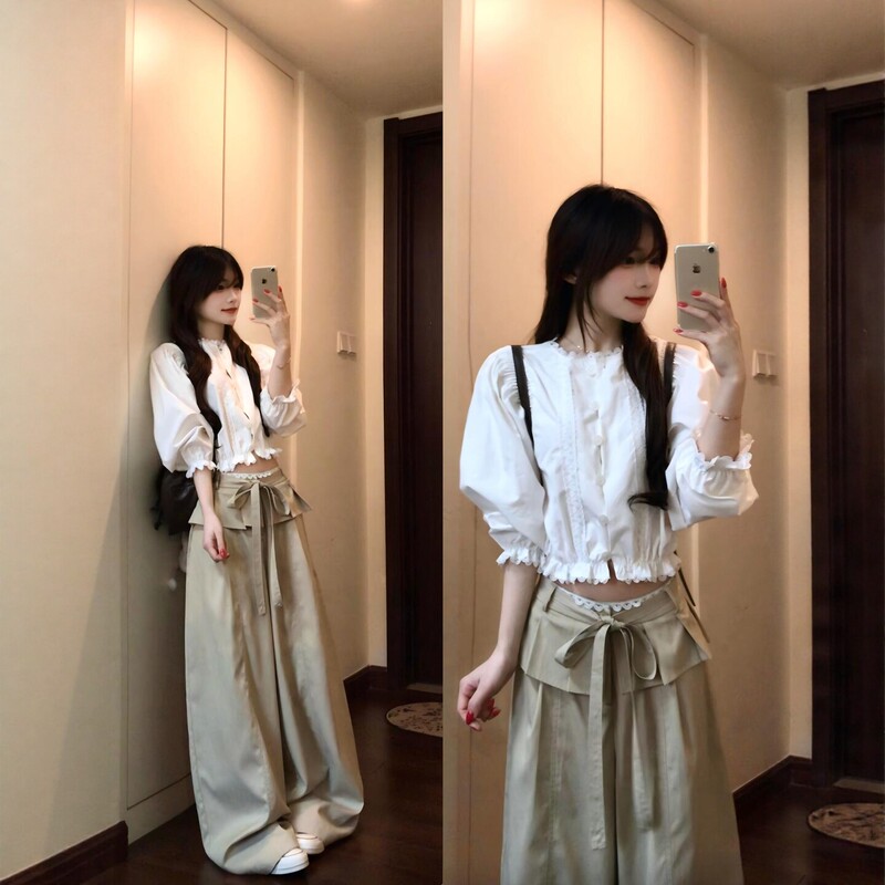 French-Style High-End Sports Suit for Women, Summer Fashion, Lazy Style, Three-Quarter Sleeve Shirt, Wide-Leg Pants, Casual Two-Piece Set