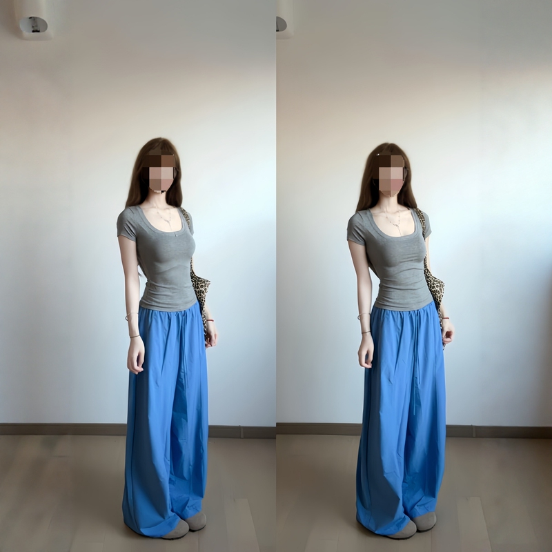 Korean-Style High-End Sports Suit for Women, Summer Slimming, Fashionable, Slim-Fit U-Neck Short-Sleeve Wide-Leg Pants Casual Two-Piece Set