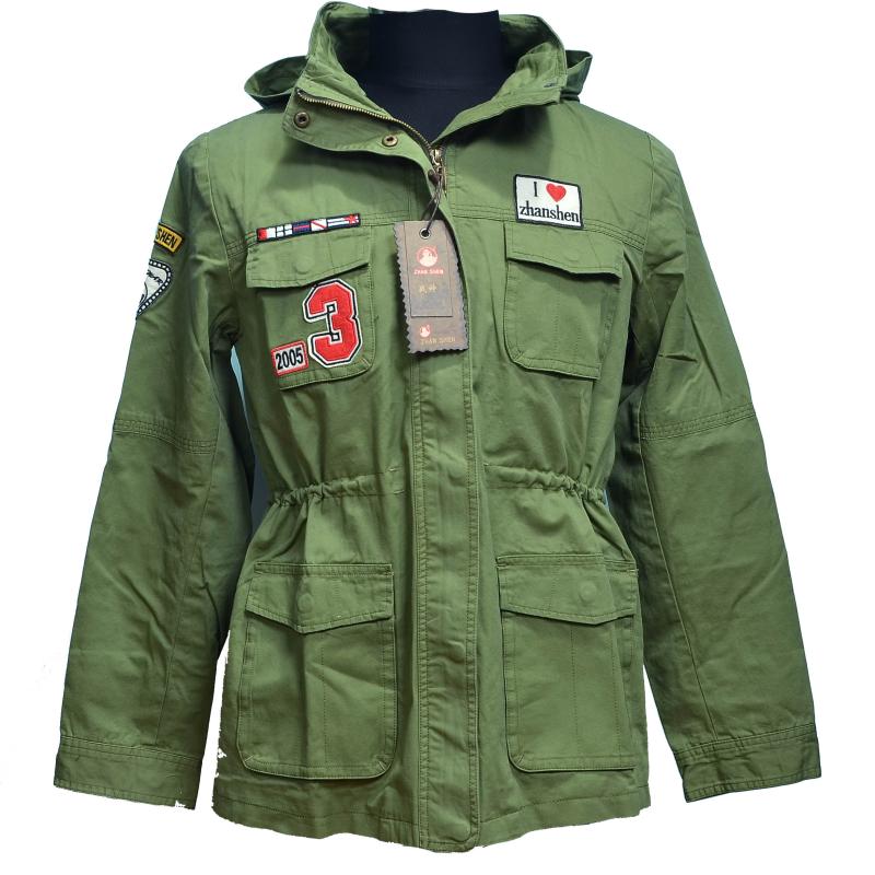 Outdoor windproof jacket blouse for male and female lovers All cotton washed high density straw green multi-mark hidden hat windsuit