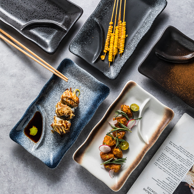 Japanese-Style Rectangular Dumpling Plate, Creative Ceramic Sushi Plate, High-Value Snack Plate with Dipping Sauce Compartment, Presentation Plate, Sashimi Plate