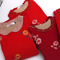 Womens middle-aged thermal underwear set Velvet thickened plus size fat mothers outfit Big red hot diamond of the year of life