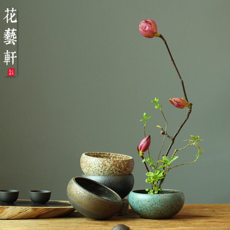High temperature wood burning small flower pot Coarse pottery flower vase Flower arrangement bowl Simple Zen flower arrangement Chinese utensils send sword mountain