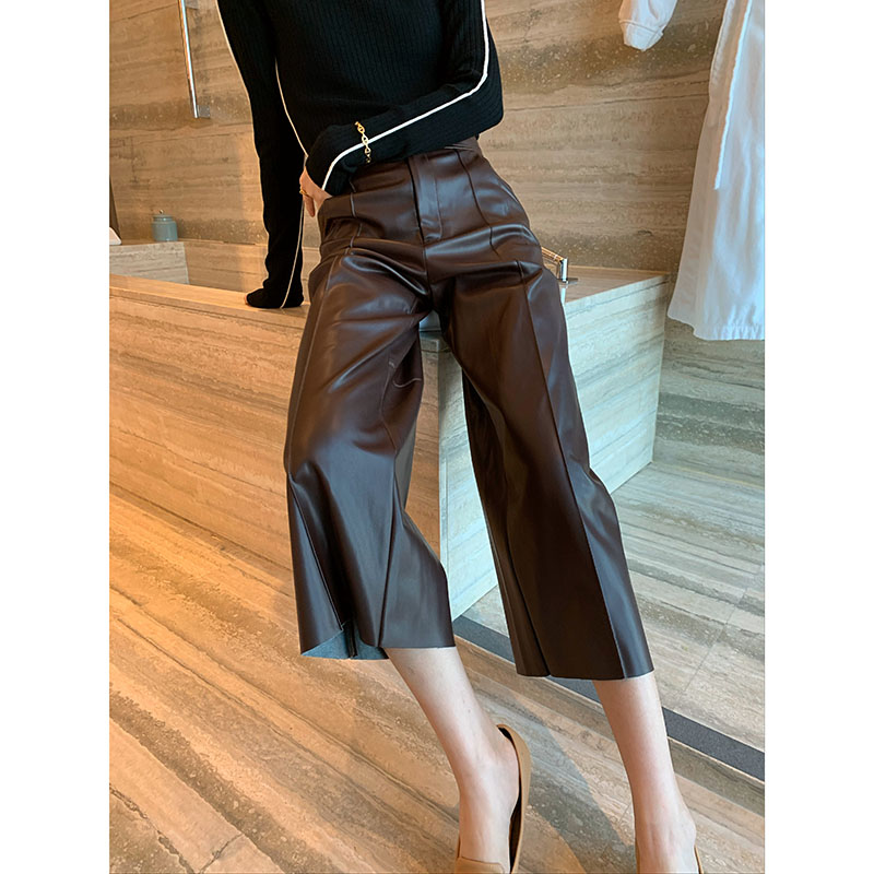 RAREST 2021 autumn winter new minimalist casual 80% loose with slim fit straight barrel wide pants leather pants woman