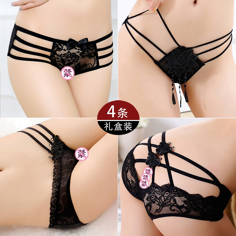 4 Spice Briefs Feminine Sensation Hot Lace Low Waist Transparent Seductive Butterfly Hollowed-out Pure Cotton Crotch Triangle Pants L Code