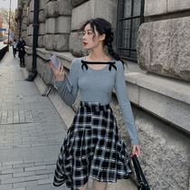 Plum cooked vintage plaid fashion irregular skirt women 2021 autumn Medium-length dress high waist slim A- line dress