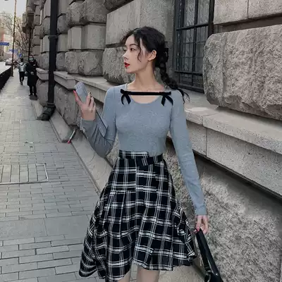 Plum cooked vintage plaid fashion irregular skirt women 2021 autumn Medium-length dress high waist slim A- line dress
