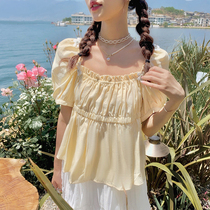 Plum cooked with square collar foam sleeveless shirt woman 2022 spring new French style retro palace windy blouses